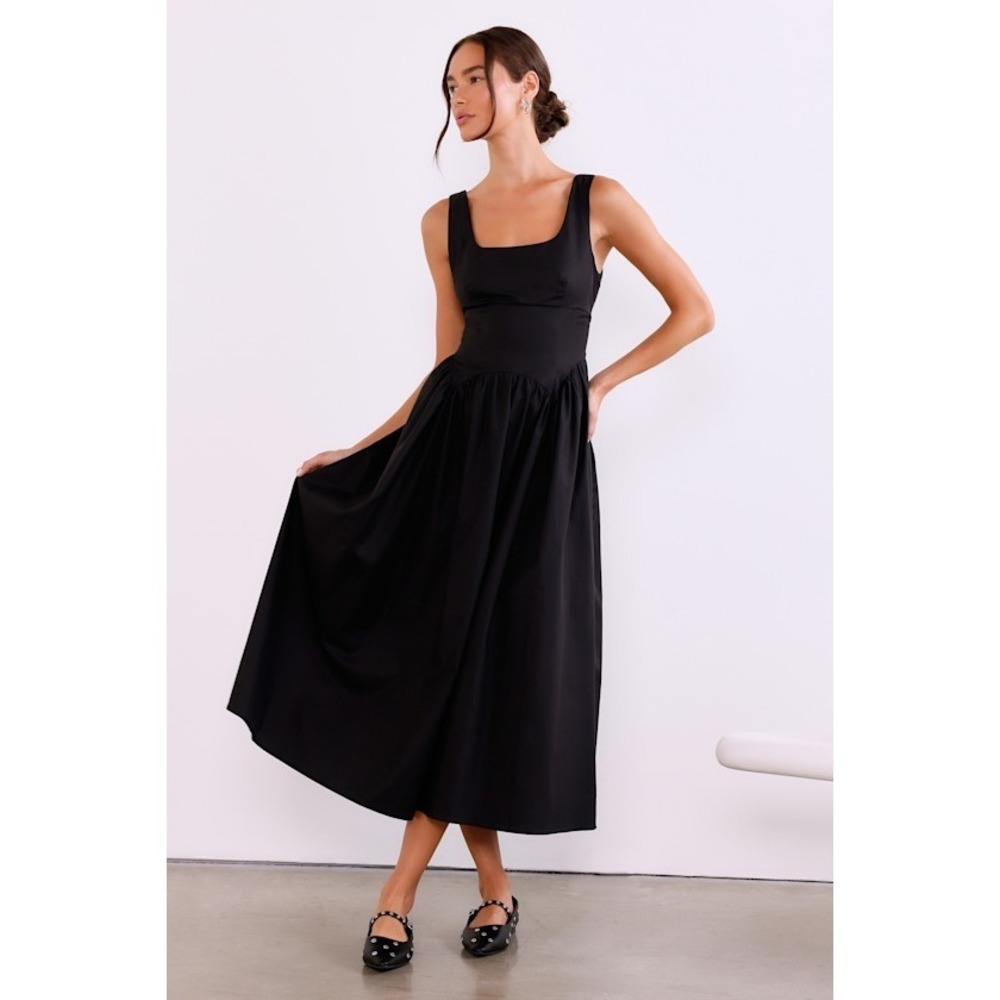 Lulus Charm And Poise Black Sleeveless Drop Waist Midi Dress - Size L